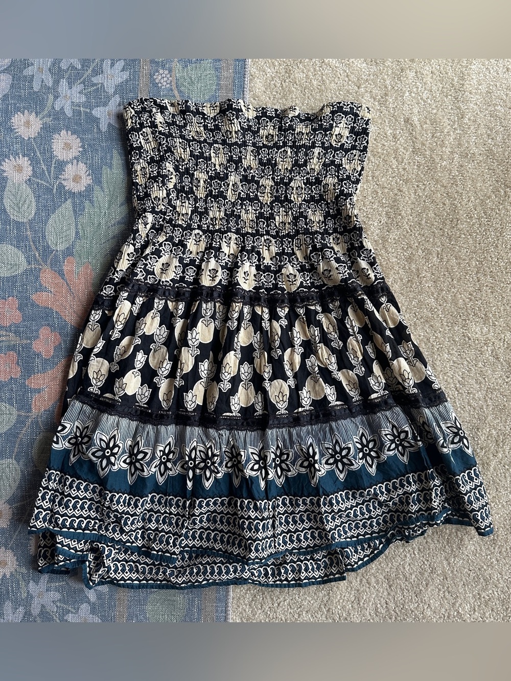 Speed Control Navy & Cream Strapless Smocked Mini Dress